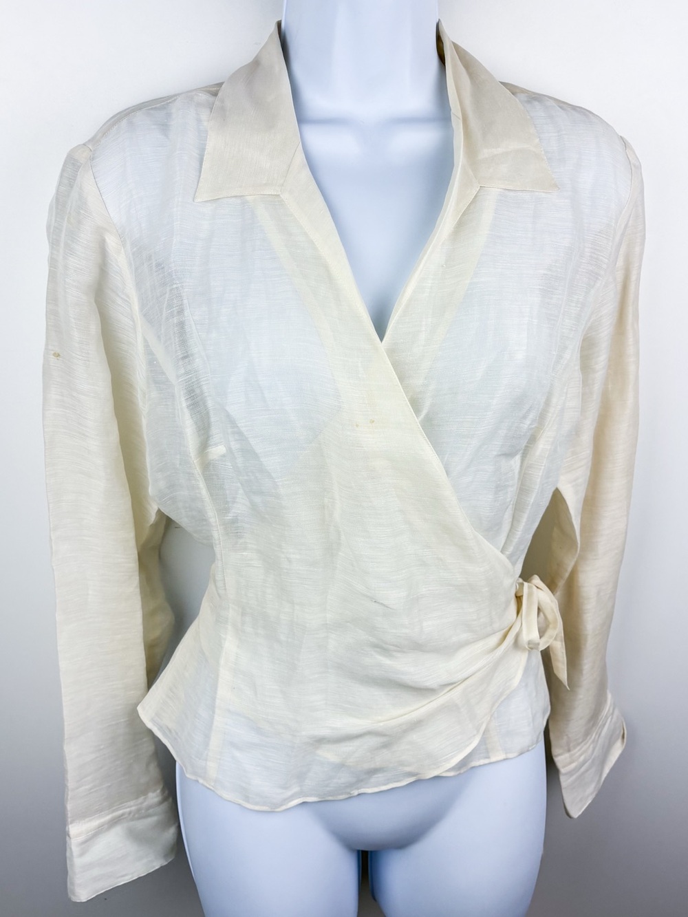 Vintage Linen Silk Wrap Blouse Top Long Sleeve Sheer Cream Off White Coastal